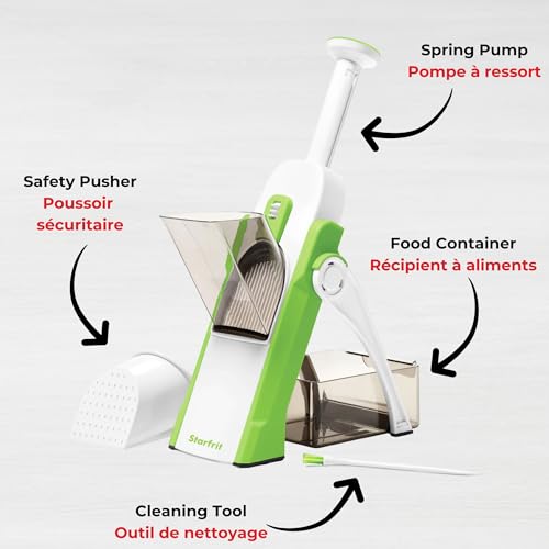 Starfrit Pump'n'Slice - Vertical Mandoline, Food Chopper, Slicer - Precision Adjustable Slicing, Julienne, Dicing - Safe Enclosed Blades, Fold for Storage - High Efficiency Spring Pump - Cleaning Tool