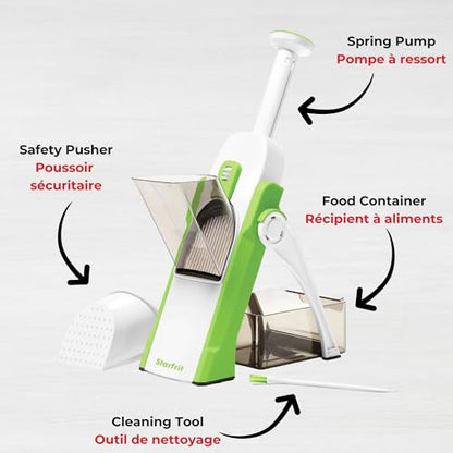 Starfrit Pump'n'Slice - Vertical Mandoline, Food Chopper, Slicer - Precision Adjustable Slicing, Julienne, Dicing - Safe Enclosed Blades, Fold for Storage - High Efficiency Spring Pump - Cleaning Tool