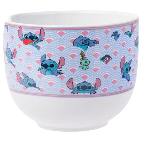 Silver Buffalo Lilo and Stitch Scrump Waves Japanese Pattern Ceramic Ramen Noodle Rice Bowl with Chopsticks and Spoon, Microwave Safe, 20 Ounces