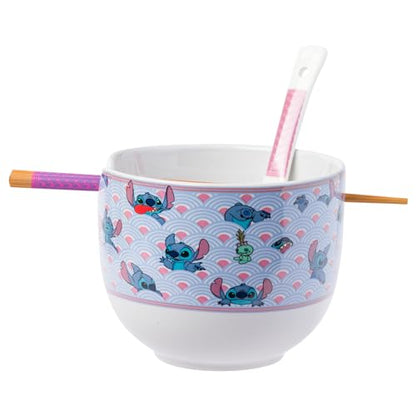 Silver Buffalo Lilo and Stitch Scrump Waves Japanese Pattern Ceramic Ramen Noodle Rice Bowl with Chopsticks and Spoon, Microwave Safe, 20 Ounces