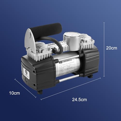 TIREWELL Tire Inflator Portable Air Compressor, 12V 150PSI Air Pump for Car, SUV, Motorcycle, Bicycle, Tire Inflator with Gauge, Air Car Pump with Battery Clamp and 5M Hose, Twin Cylinder Air Pump