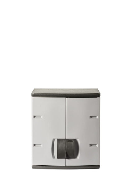 Rubbermaid Wall Mounted Storage Cabinet with Doors 150-Pound Capacity Gray Lockable Three-Shelf Cubbard for Tools/Car Accessories/Cleaning in Home/Garage/Outdoor Areas