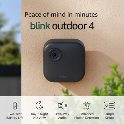 Blink Outdoor 4 (newest model), Wireless smart security camera, two-year battery, 1080p HD day and infrared night live view, two-way talk – 5 camera system
