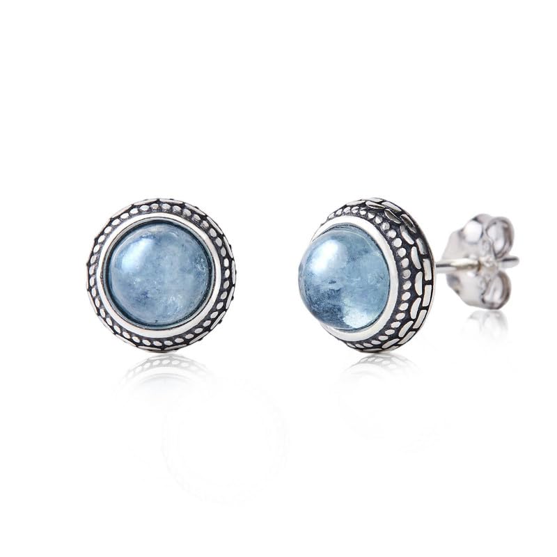 Small Genuine Blue Aquamarine 925 Sterling Silver Hypoallergenic Studs Earrings Jewelry for Women Dainty Trendy Antiqued Silver March Birthstone Gifts for Her