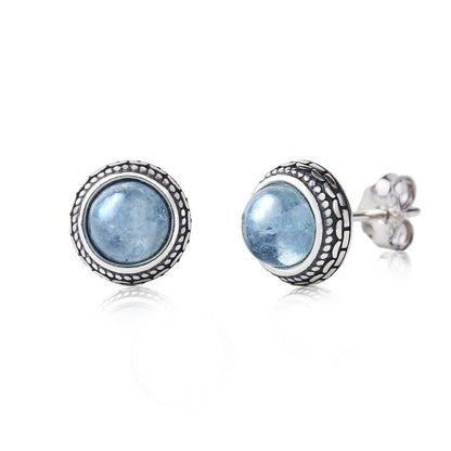 Small Genuine Blue Aquamarine 925 Sterling Silver Hypoallergenic Studs Earrings Jewelry for Women Dainty Trendy Antiqued Silver March Birthstone Gifts for Her