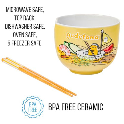Silver Buffalo Sanrio Hello Kitty and Friends Gudetama Lazy Egg Sailing In Ramen Ceramic Ramen Noodle Rice Bowl with Chopsticks, Microwave Safe, 20 Ounces