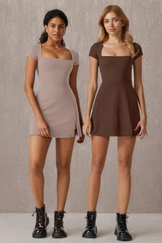 QINSEN Exercise Workout Dress for Women Square Neck Short Sleeve Flare Tennis Dress with Shorts Pockets Rose Taupe M