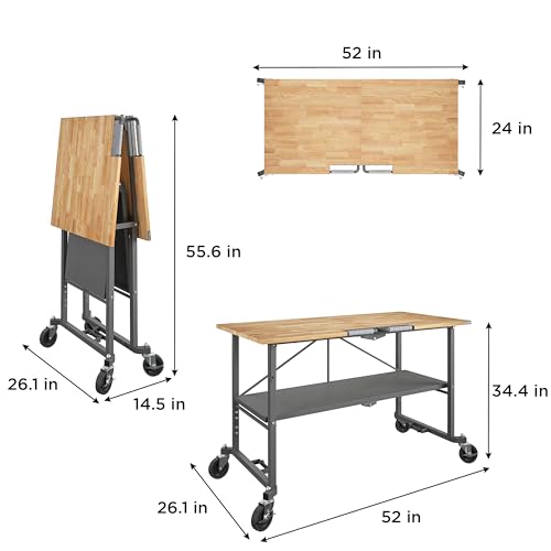 COSCO SmartFold Butcher Block Portable Workbench / Folding Utility Table (Hardwood Top, 700LB Total Weight Capacity, Locking Casters, Gray Steel Frame, 1 Pack)