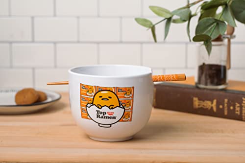 Silver Buffalo Sanrio Gudetama Lazy Egg Nissin Top Ramen Ceramic Ramen Bowl with Chopsticks | Microwave Safe Noodle Bowl, 20 Oz | Cute Gudetama Design | Perfect for Ramen & More