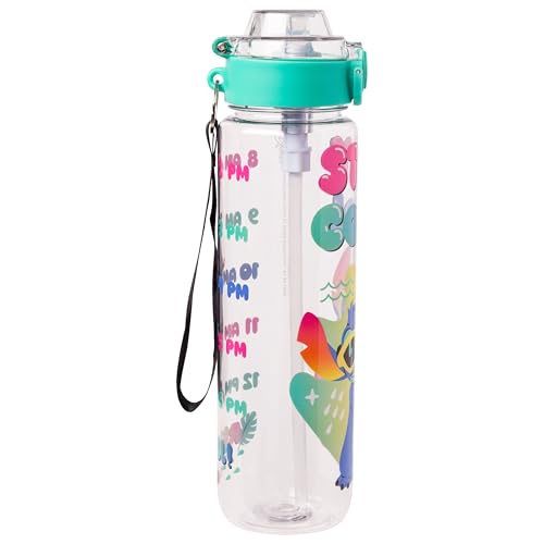 Silver Buffalo Disney Lilo and Stitch Stay Cool Hydration Tracker Schedule Plastic Water Bottle With Locking Lid, Strap, and Straw, 33 Ounces
