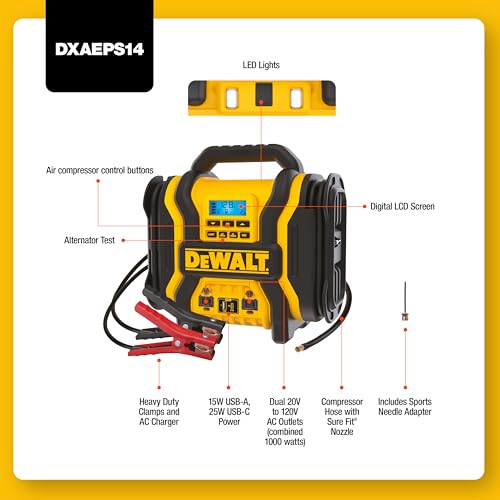 DEWALT DXAEPS14-Type2 2000 Peak Battery Amp 12V Automotive Battery Booster Jump Starter/Power Station with 120 PSI Compressor, 500W AC Power Inverter, and 15W USBa & 25W USB Ports