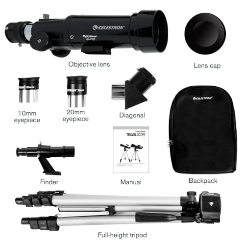 Celestron Travel Scope 70 Portable Refractor Telescope – 70mm Aperture, Fully-Coated Glass Optics – Includes Tripod, Backpack & Software – Ideal for Beginners & Travel