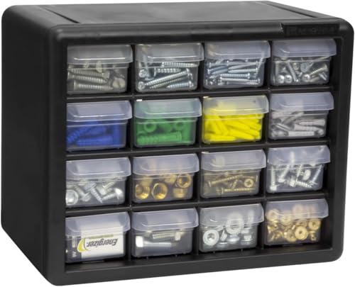 Akro-Mils 16-Drawer Plastic Drawer Storage Cabinet for Garage Organization, Beads, Makeup Organizer, Building Bricks Storage, Teacher Toolbox, 10-1/2-Inch W x 6-1/2-Inch D x 8-1/2-Inch H, 10116 Black