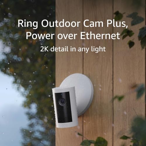 Ring Outdoor Cam Plus, Power over Ethernet (Newest Model) — Wide-Angle 2K Video with Ring Vision, Low-Light Sight for full-color night vision, Mount-anywhere versatility, White