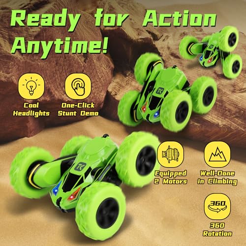 Threeking RC Stunt Cars Remote Control Car Double-Sided Driving 360-degree Flips Rotating Car Toy, Green