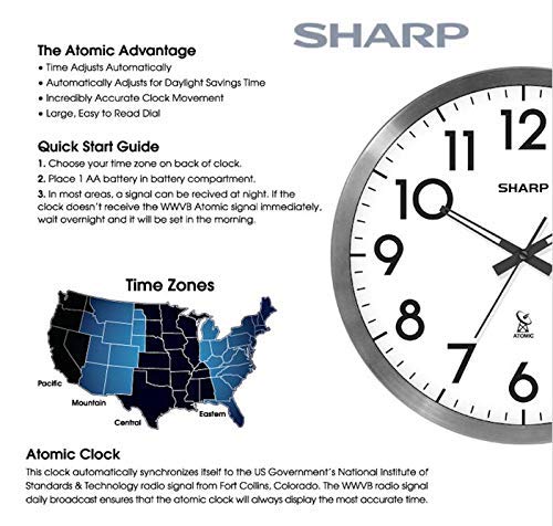 Sharp Atomic Analog Wall Clock - 12" Silver Brushed Finish - Sets Automatically- Battery Operated - Easy to Read - Easy to Use– Modern Design and Style