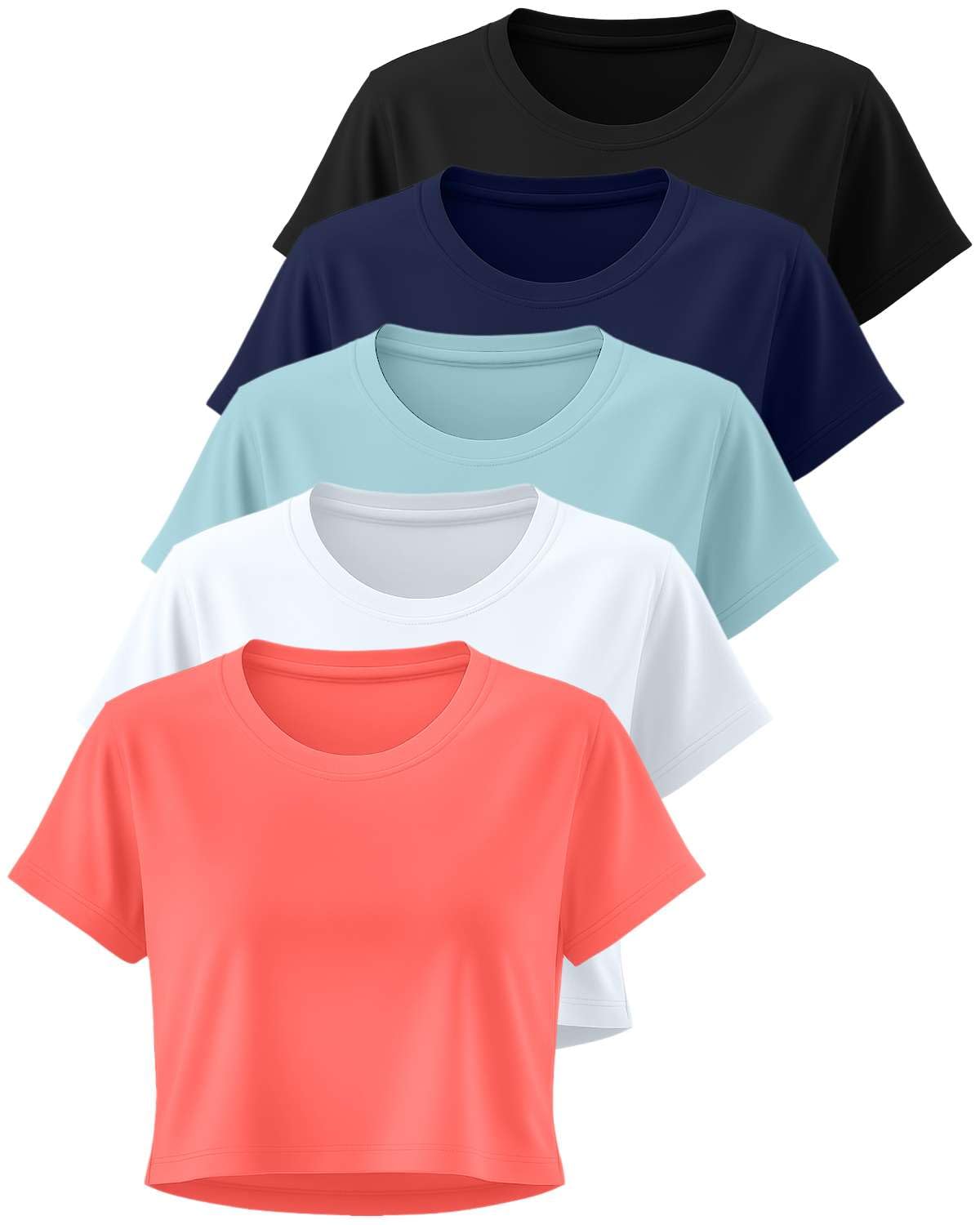 Real Essentials 5 Pack: Women's Dry Fit Crop Top - Short Sleeve Crew Neck Stretch Athletic Tee (Available in Plus Size) - Set 3, M