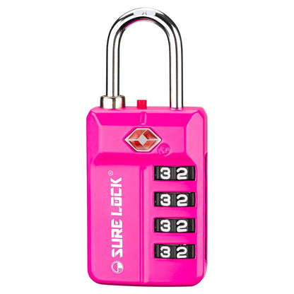 SURE LOCK TSA Approved 4-Digit Resettable Combination Luggage Locks with Open Alert, Easy-Read Dials - for Luggage, School Lockers, Gym, Office, Toolbox & Security Cases (Pink 1 Pack)