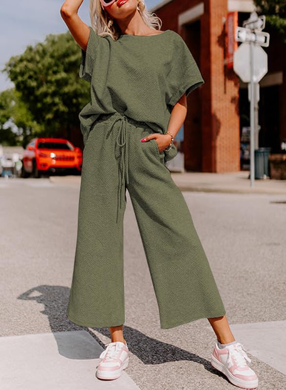 SHEWIN Two 2 Piece Outfits Sweat Suit Lounge Sets for Women Casual Long Sleeve Crewneck Pullover Tops Matching Loungewear Pants Loose Pajama Tracksuit Summer Outfits Army Green XL