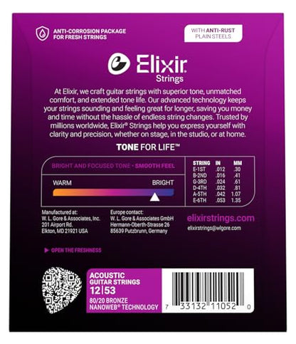 Elixir Strings, Acoustic Guitar Strings, 80/20 Bronze with NANOWEB Coating, Longest-Lasting Bright and Focused Tone with Comfortable Feel, 6 String Set, Light 12-53