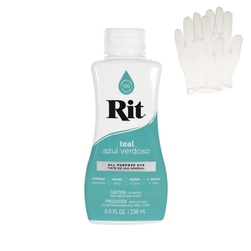 Rit Dye – Liquid Fabric Dye for Crafting, Clothing, and Décor – 8 oz. Bottle – Teal (Gloves Included)
