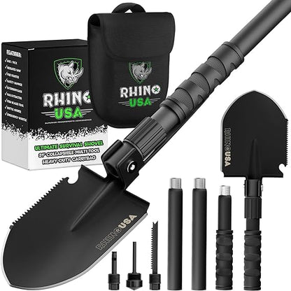 Rhino USA Survival Shovel w/Pick - Heavy Duty Carbon Steel Military Style Entrenching Tool for Off Road, Camping, Gardening, Beach, Digging Dirt, Sand, Mud & Snow. (Survival Shovel)