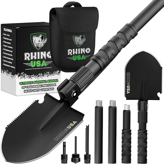Rhino USA Survival Shovel w/Pick - Heavy Duty Carbon Steel Military Style Entrenching Tool for Off Road, Camping, Gardening, Beach, Digging Dirt, Sand, Mud & Snow. (Survival Shovel)