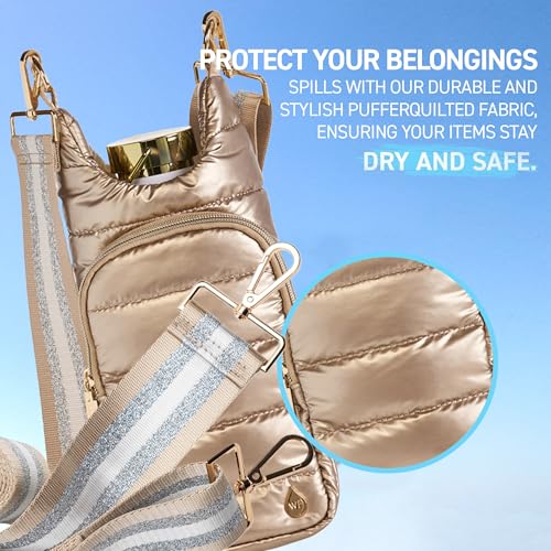 WanderFull® Original HydroBag® Fits Up to 32 oz Water Bottle Holder with Strap - Hands-Free Crossbody Water Bottle Carrier Bag with Phone Pocket - Light Gold