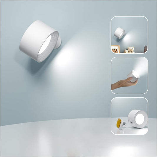 Deyagoo LED Wall Sconce, Wall Mounted Lamp with Rechargeable Battery Operated 3 Color Temperature & 3 Brightness Level 360°Rotate Magnetic Ball, Cordless Wall Light for Reading Bedside-White