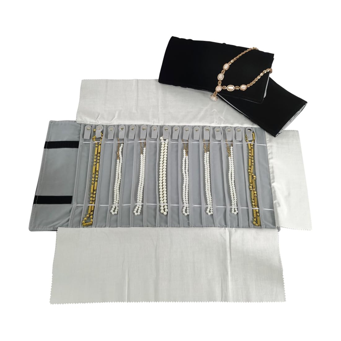 SCIKHEFT Portable Jewelry Roll Untangled Secure Necklace Travel Storage Bag Displays Holder 16 Chain (Black and Gray)