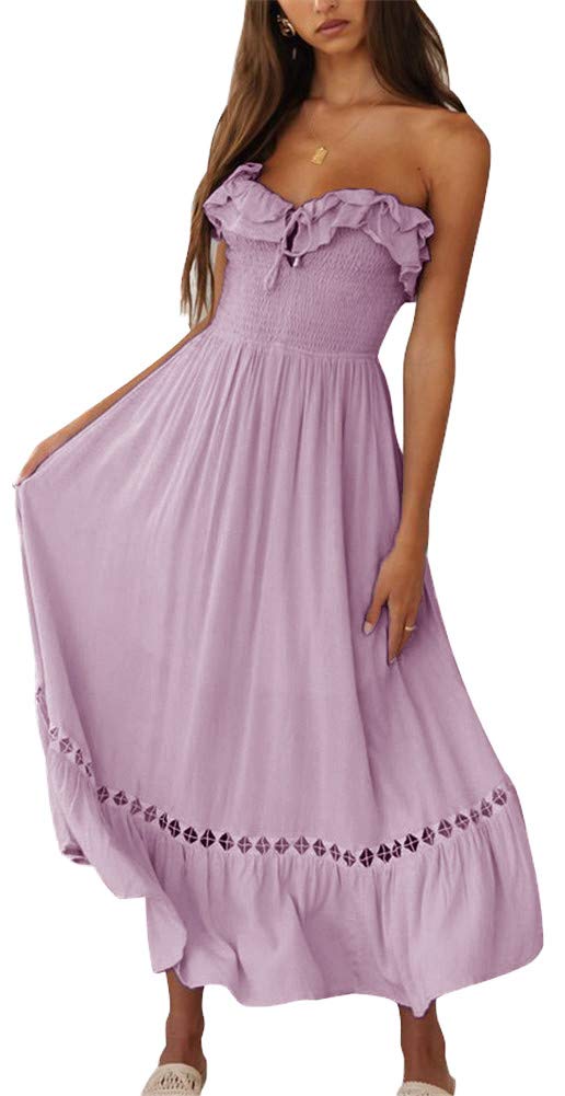 SAUKOLE Women's Summer Sleeveless Strapless Ruffle Off The Shoulder Smocked Swing Cocktail Party Dress Purple