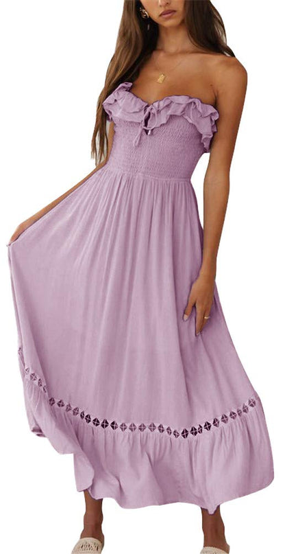 SAUKOLE Women's Summer Sleeveless Strapless Ruffle Off The Shoulder Smocked Swing Cocktail Party Dress Purple