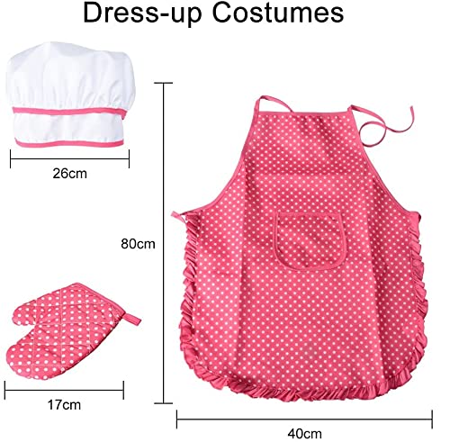 Acekid Chef Set for Kids,11pcs Kitchen Costume Role Play Kits, Girls Apron with Chef Hat,Cooking Mitt and Cookie Cutters (Rose red)
