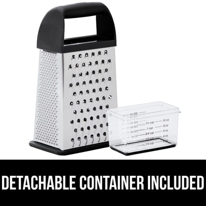 GORILLA GRIP XL 4-Sided Cheese Grater With Container, 100% BPA-Free Stainless Steel Box Graters, Parmesan Shredder, Grate Cheeses, Shred Veggies, Slip Resistant Handle, Dishwasher Safe Zester, Black