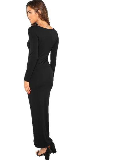 Verdusa Women's Long Sleeve Square Neck Bodycon Maxi Long Dress Black S