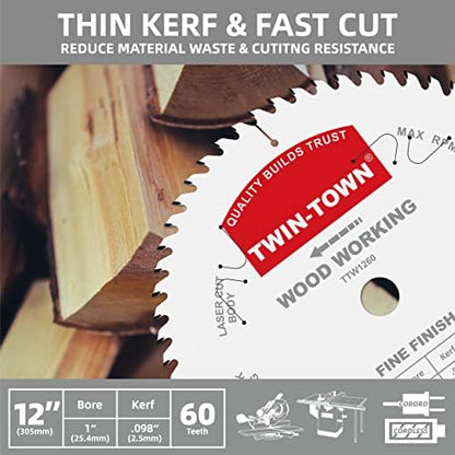 TWIN-TOWN 12-Inch 60-Tooth ATB Fine Finish Wood Cutting Circular Saw Blade, 1 Inch Arbor, Compatible with Table and Miter Saws, Premium Quality Woodworking Saw Blade
