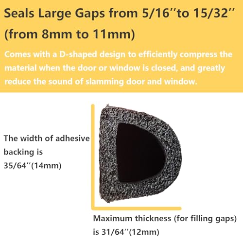 VITAM AMO Weather Stripping Seal Strip for Doors/Windows 18 Feet, Self-Adhesive Backing Seals Large Gap (from 5/16 inch to 15/32 inch), Easy Cut to Size