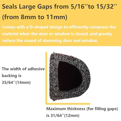 VITAM AMO Weather Stripping Seal Strip for Doors/Windows 18 Feet, Self-Adhesive Backing Seals Large Gap (from 5/16 inch to 15/32 inch), Easy Cut to Size