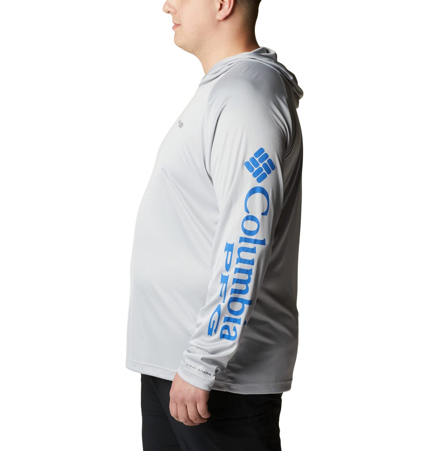 Columbia Mens PFG Terminal Tackle Long Sleeve Fishing Hoodie, Cool Grey/Vivid Blue Logo, Large