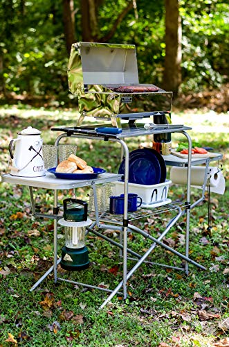 Camco Olympian Deluxe Portable Grill Table - Provides Plenty of Room for Grilling Gear While Camping - Folding Grilling Table Collapses for Compact Storage - Supports Up to 100lb (57293)