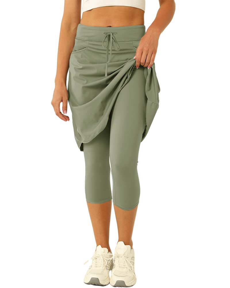 Women 20" Knee Length Tennis Skirt with Built in Legging Golf Skirts Skirted Legging with Pockets Sage Green