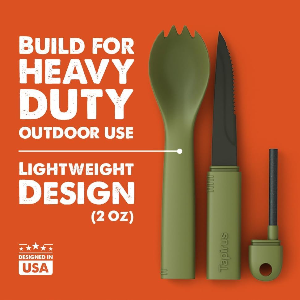 Tapirus Spork Tactical Green | BPA Free Spoon Fork, Stainless Steel Knife and Fire Starter | 3 in 1 multipurpose utensil | Outdoor hiking, camping & backpacking gear | Fit for MRE