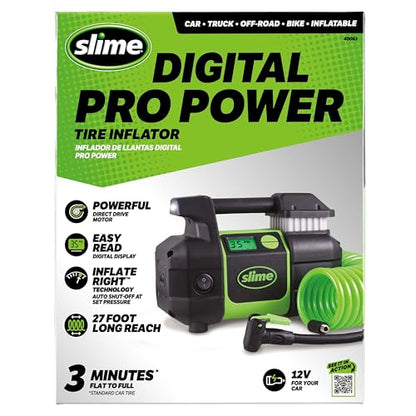Slime 40063 Tire Inflator, Portable Car, SUV, 4x4 Air Compressor, Elite Heavy Duty, Inflate Right Automatic Shut Off, with Digital 99 psi Display, Long Hose and LED Light, 12V, 3 min Inflation