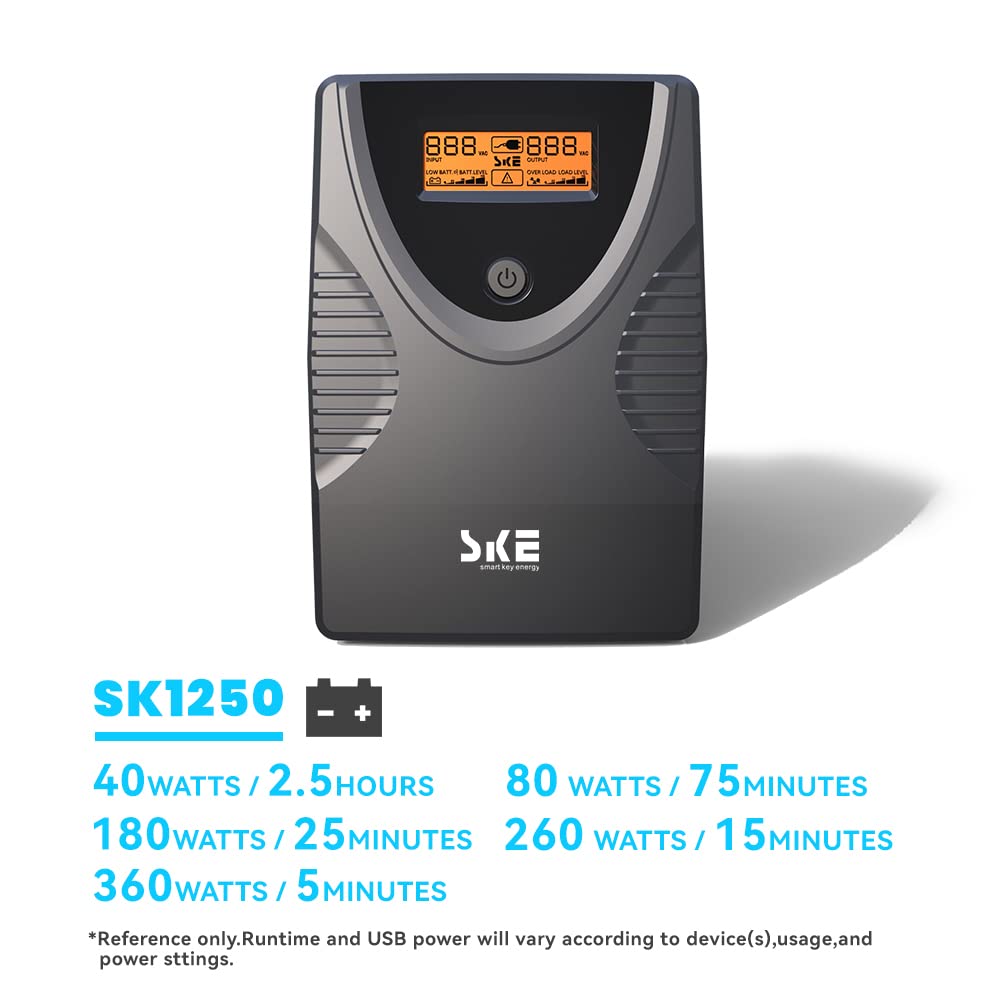 Ups Battery Backup and Surge Protector 1250VA/720W,Computer Uninterruptible Power Supply Units,Battery Backup Intelligent LCD,SKE Back UPS,Uninterruptible Power Supply,Battery Backup for Computer SKE