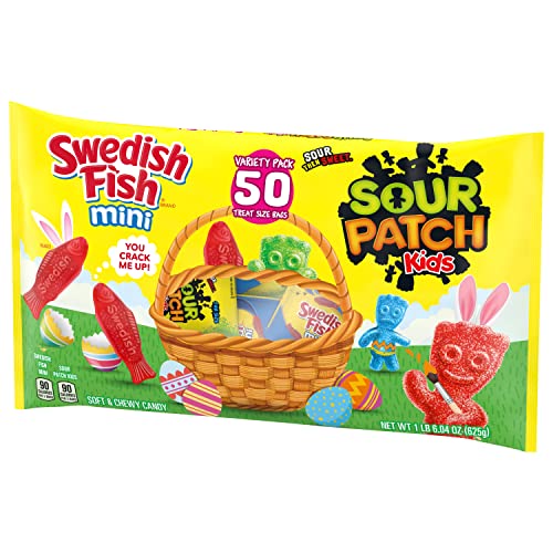 SOUR PATCH KIDS and SWEDISH FISH Mini Soft & Chewy Easter Candy Variety Pack, Bulk Candy, 50 Snack Packs