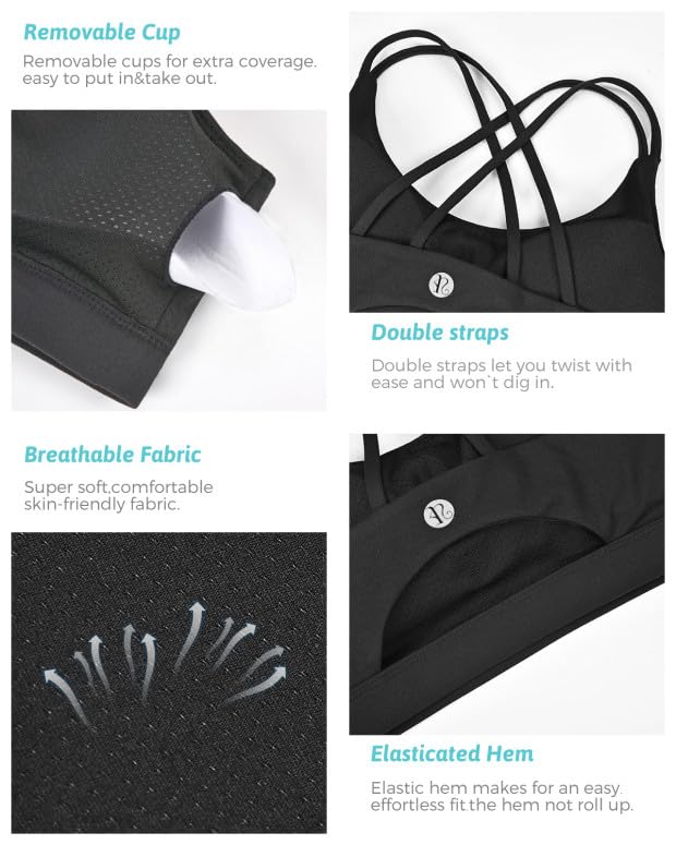 RUNNING GIRL Sports Bras for Women,Strappy Back Workout Bras Padded Supportive Black Sports Bra Plue Size(WX2354 Black,L)