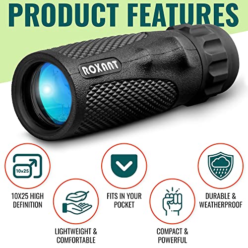 Roxant Viper Monocular Telescope – 10x25 Monoculars for Adults High Powered | Military Grade BAK4 Prism Pocket Scope | Weatherproof with Case, Wrist Strap & Smartphone Adapter