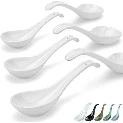 Artena Bright White 6.75 inch Asian Soup Spoons Set of 6, Ultra-fine Porcelain Tablespoon, Chinese/Japanese Kitchen Soup Spoons for Cereal, Ramen Pho - Deep Oval Hook Design
