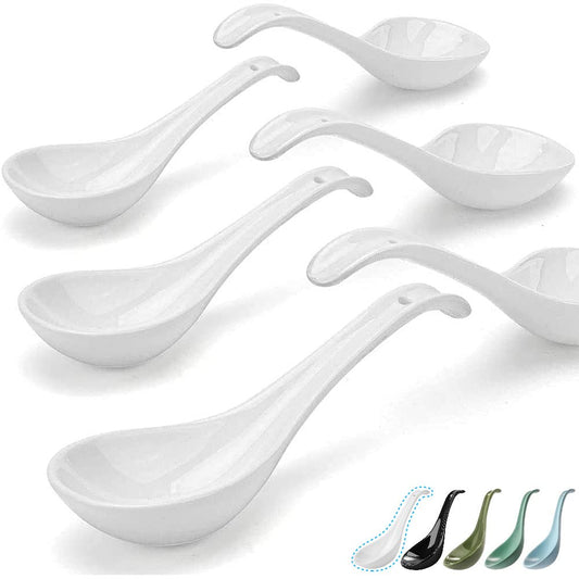 Artena Bright White 6.75 inch Asian Soup Spoons Set of 6, Ultra-fine Porcelain Tablespoon, Chinese/Japanese Kitchen Soup Spoons for Cereal, Ramen Pho - Deep Oval Hook Design