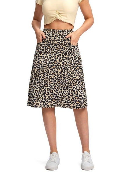 Viodia 25" Knee Length Skorts Skirts for Women with Zipper Pockets Stretchy Modest Aline Midi Skort for Casual Summer Travel Leopard
